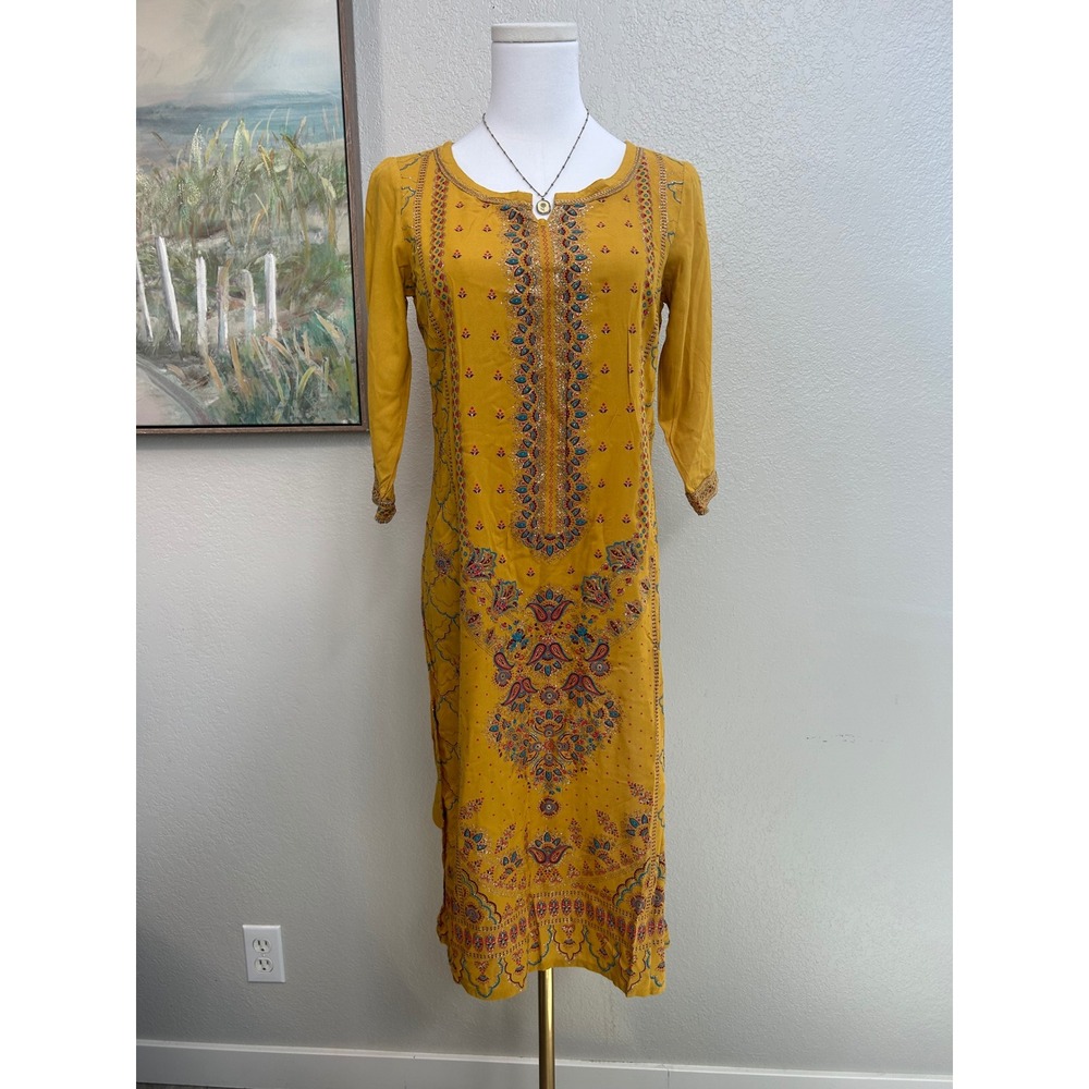 Aurelia Mustard Yellow Embroidered Boho Kurti Tunic Dress Festival Ethnic Size S